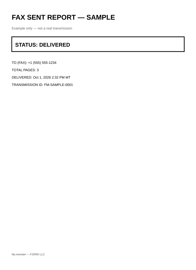 Sample fax delivery confirmation (not a real transmission)